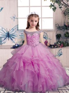  Lilac Sleeveless Floor Length Beading and Ruffles Lace Up Child Pageant Dress
