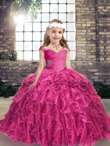  Straps Sleeveless Little Girl Pageant Dress Floor Length Beading and Ruffles Fuchsia Organza