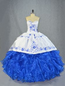  Blue And White Ball Gowns Organza Sweetheart Sleeveless Beading and Embroidery and Ruffles Lace Up Quinceanera Dresses Brush Train