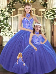 Luxurious Halter Top Sleeveless Ball Gown Prom Dress Embroidery Blue Tulle