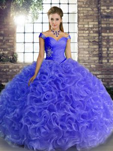 Low Price Floor Length Blue Quinceanera Dress Fabric With Rolling Flowers Sleeveless Beading