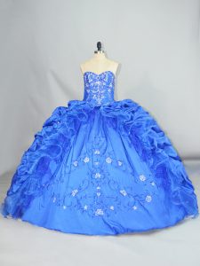 Luxurious Sleeveless Floor Length Embroidery and Pick Ups Lace Up 15th Birthday Dress with Blue