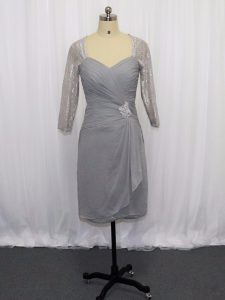 Fancy Knee Length Grey Prom Dress Sweetheart Half Sleeves Zipper