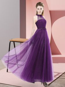  Dark Purple Lace Up Halter Top Beading and Appliques Court Dresses for Sweet 16 Tulle Sleeveless