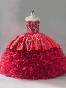 Custom Fit Red Sleeveless Fabric With Rolling Flowers Brush Train Lace Up 15th Birthday Dress for Sweet 16 and Quinceanera