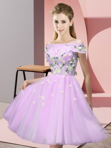  Off The Shoulder Short Sleeves Dama Dress for Quinceanera Knee Length Appliques Lilac Tulle