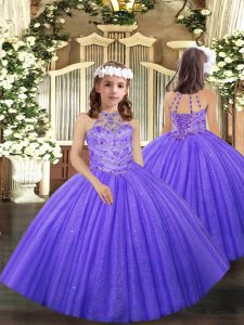  Lavender Lace Up Kids Formal Wear Beading and Ruffles Sleeveless Floor Length