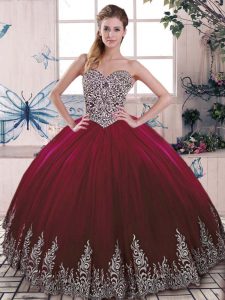  Sweetheart Sleeveless Tulle Quince Ball Gowns Beading and Embroidery Side Zipper