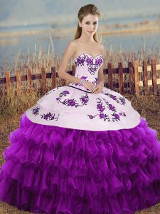  White And Purple Ball Gowns Organza Sweetheart Sleeveless Embroidery and Ruffled Layers and Bowknot Floor Length Lace Up Quinceanera Dresses