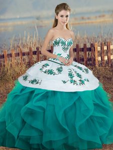 Latest Tulle Sweetheart Sleeveless Lace Up Embroidery and Ruffles and Bowknot Quinceanera Gown in Turquoise