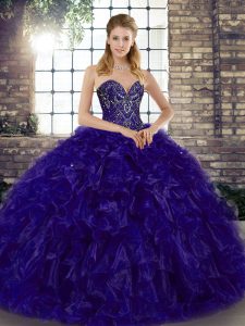 Perfect Floor Length Lace Up Quinceanera Gowns Purple for Military Ball and Sweet 16 and Quinceanera with Beading and Ruffles