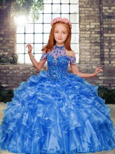  Floor Length Blue Little Girl Pageant Dress High-neck Sleeveless Lace Up