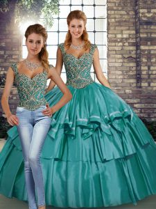  Two Pieces Quinceanera Dress Teal Straps Taffeta Sleeveless Floor Length Lace Up