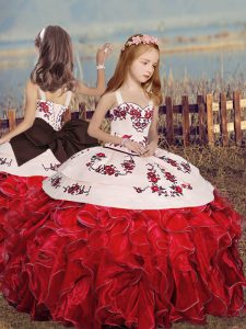  Floor Length Lace Up Kids Pageant Dress Red for Party and Sweet 16 and Wedding Party with Embroidery and Ruffles
