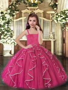 Wonderful Straps Sleeveless Lace Up Little Girl Pageant Gowns Fuchsia Tulle
