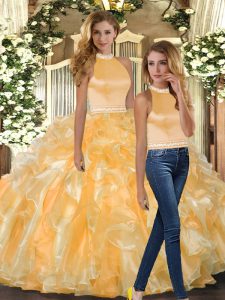 Noble Gold Backless Ball Gown Prom Dress Beading and Ruffles Sleeveless Floor Length