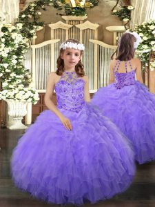  Floor Length Lavender Little Girls Pageant Gowns Halter Top Sleeveless Lace Up