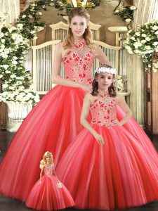 Custom Design Floor Length Coral Red Quinceanera Dress Halter Top Sleeveless Lace Up