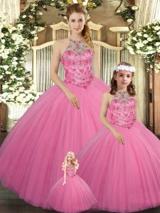 Unique Rose Pink Sleeveless Tulle Lace Up Vestidos de Quinceanera for Sweet 16 and Quinceanera