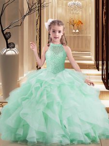  Sleeveless Tulle Floor Length Lace Up Little Girl Pageant Gowns in Apple Green with Beading and Ruffles