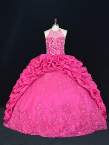 Smart Ball Gowns Ball Gown Prom Dress Hot Pink Halter Top Taffeta Sleeveless Lace Up