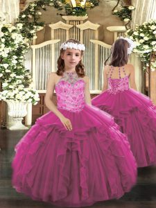 Fuchsia Sleeveless Floor Length Beading and Ruffles Lace Up Little Girls Pageant Dress