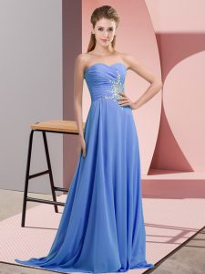 Fitting Blue Sweetheart Neckline Beading and Ruching Prom Evening Gown Sleeveless Lace Up