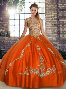 On Sale Off The Shoulder Sleeveless Lace Up Sweet 16 Quinceanera Dress Orange Red Tulle