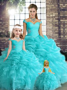  Sleeveless Organza Floor Length Lace Up 15 Quinceanera Dress in Aqua Blue with Beading and Ruffles and Pick Ups