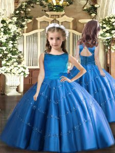  Tulle Scoop Sleeveless Lace Up Beading Little Girls Pageant Dress in Blue