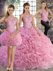 Glorious Sleeveless Fabric With Rolling Flowers Floor Length Lace Up Sweet 16 Quinceanera Dress in Rose Pink with Beading