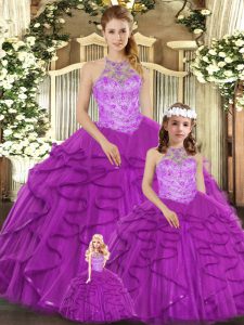  Purple Sleeveless Floor Length Beading and Ruffles Lace Up Quinceanera Gowns