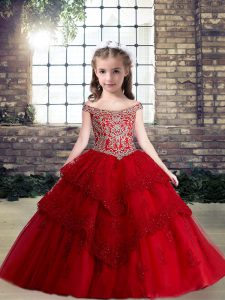  Ball Gowns Little Girl Pageant Dress Red Off The Shoulder Tulle Sleeveless Floor Length Lace Up