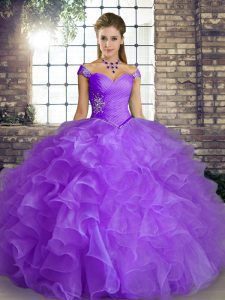  Lavender Off The Shoulder Lace Up Beading and Ruffles Quinceanera Dress Sleeveless