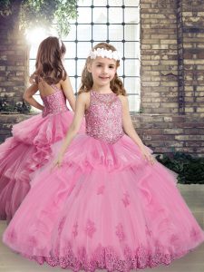 Pretty Lilac Tulle Lace Up Child Pageant Dress Sleeveless Floor Length Beading and Appliques