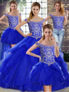 On Sale Royal Blue Off The Shoulder Neckline Beading and Ruffles Quinceanera Gowns Sleeveless Lace Up