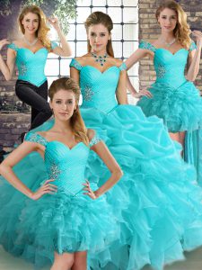 Classical Sleeveless Organza Floor Length Lace Up Quinceanera Gown in Aqua Blue with Beading and Ruffles and Pick Ups