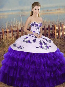 Charming Organza Sweetheart Sleeveless Lace Up Embroidery and Ruffled Layers and Bowknot Ball Gown Prom Dress in White And Purple