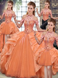 Glamorous Orange Sleeveless Organza Lace Up Sweet 16 Quinceanera Dress for Military Ball and Sweet 16 and Quinceanera