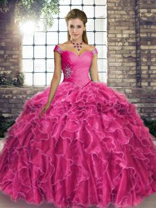 Custom Designed Ball Gowns Sleeveless Fuchsia Quinceanera Dresses Brush Train Lace Up