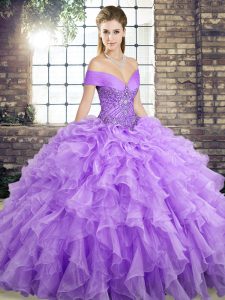  Brush Train Ball Gowns 15th Birthday Dress Lavender Off The Shoulder Organza Sleeveless Lace Up