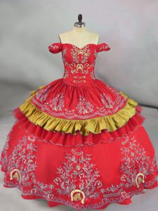  Red Lace Up Sweet 16 Dress Embroidery Sleeveless Floor Length