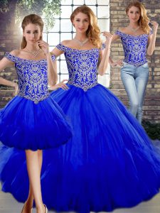  Off The Shoulder Sleeveless Lace Up Sweet 16 Quinceanera Dress Royal Blue Tulle