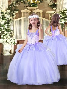 Graceful Floor Length Lavender Little Girls Pageant Dress Straps Sleeveless Lace Up
