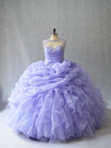 Hot Sale Lavender Lace Up Quinceanera Dresses Beading and Ruffles and Pick Ups Sleeveless Brush Train