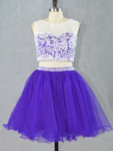  Mini Length Purple Prom Dresses Organza Sleeveless Lace and Appliques