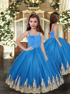  Baby Blue Ball Gowns Tulle Straps Sleeveless Embroidery Floor Length Lace Up Little Girl Pageant Gowns