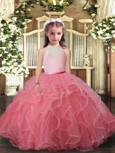 Exquisite Watermelon Red Ball Gowns Tulle High-neck Sleeveless Ruffles Floor Length Backless Kids Pageant Dress
