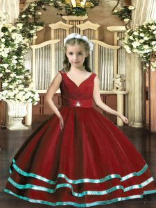  Wine Red Little Girl Pageant Dress Party and Wedding Party with Beading and Ruching V-neck Sleeveless Backless