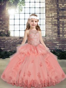  Ball Gowns Pageant Gowns For Girls Watermelon Red Scoop Tulle Sleeveless Floor Length Lace Up
